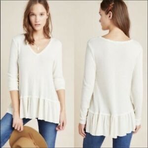 Anthro Eri + Ali Waffle Knit Ruffled Pullover